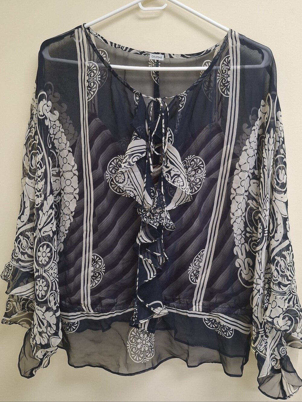 Chiffon Ruffle Tie-Front Blouse - Navy & White